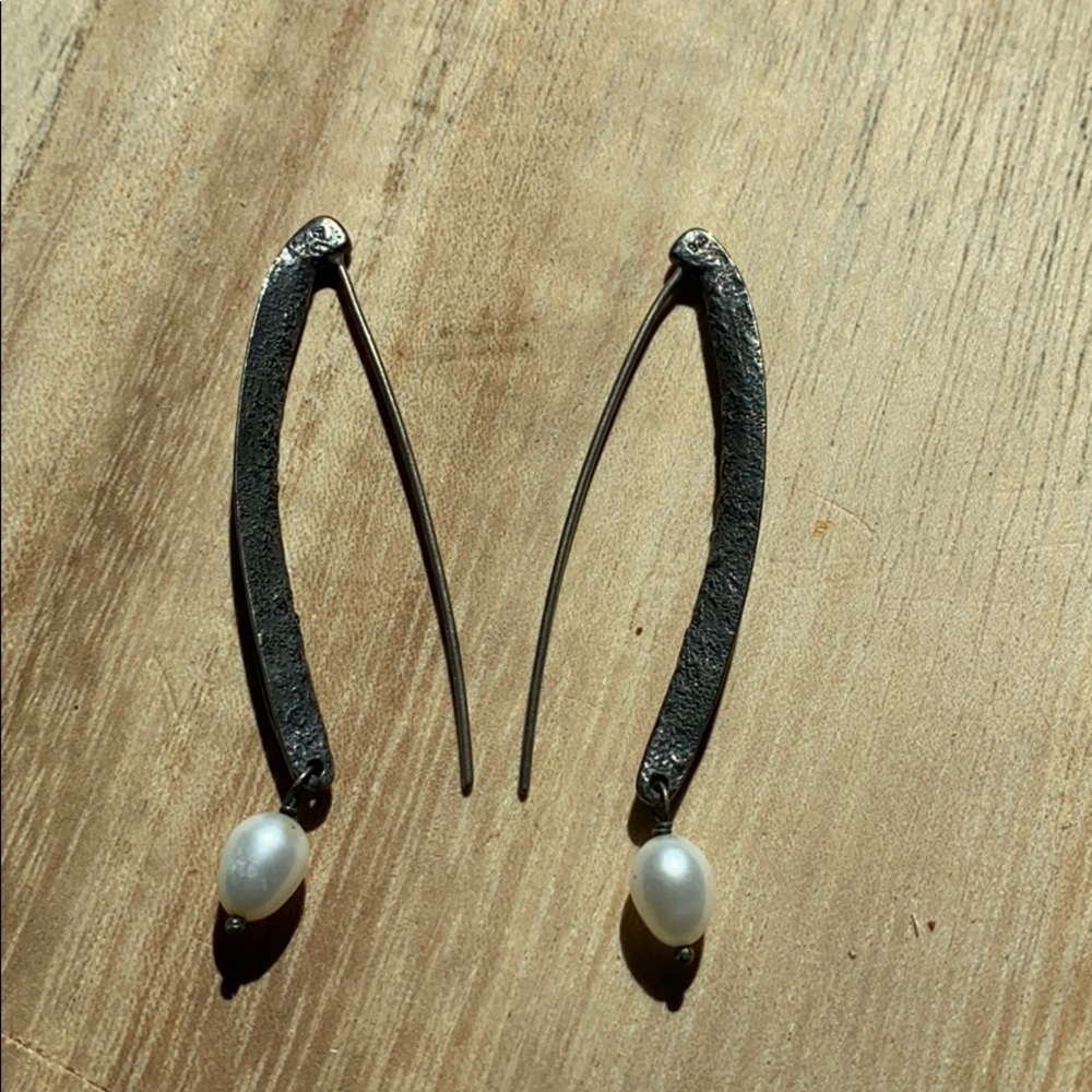 Sterling silver stamped long earrings with pearls